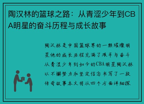 陶汉林的篮球之路：从青涩少年到CBA明星的奋斗历程与成长故事