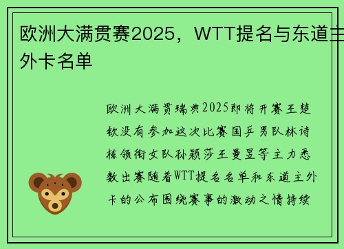 欧洲大满贯赛2025，WTT提名与东道主外卡名单