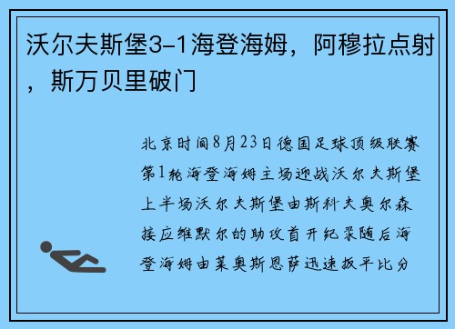 沃尔夫斯堡3-1海登海姆，阿穆拉点射，斯万贝里破门